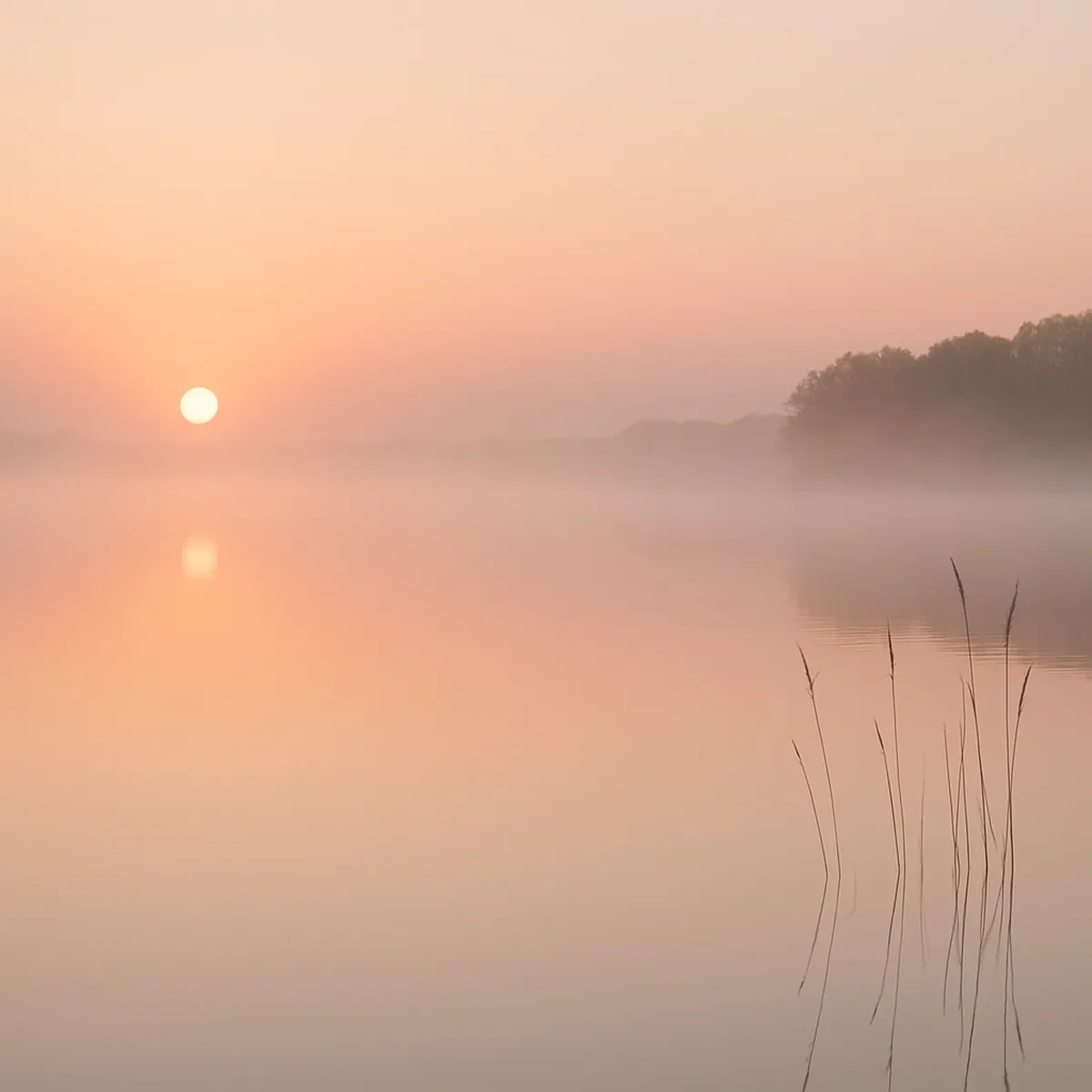 Lever de soleil calme sur une eau immobile, avec une brume légère