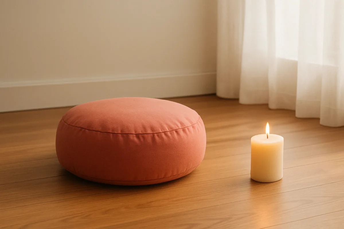 Coussin de méditation et bougie allumée sur un parquet en bois