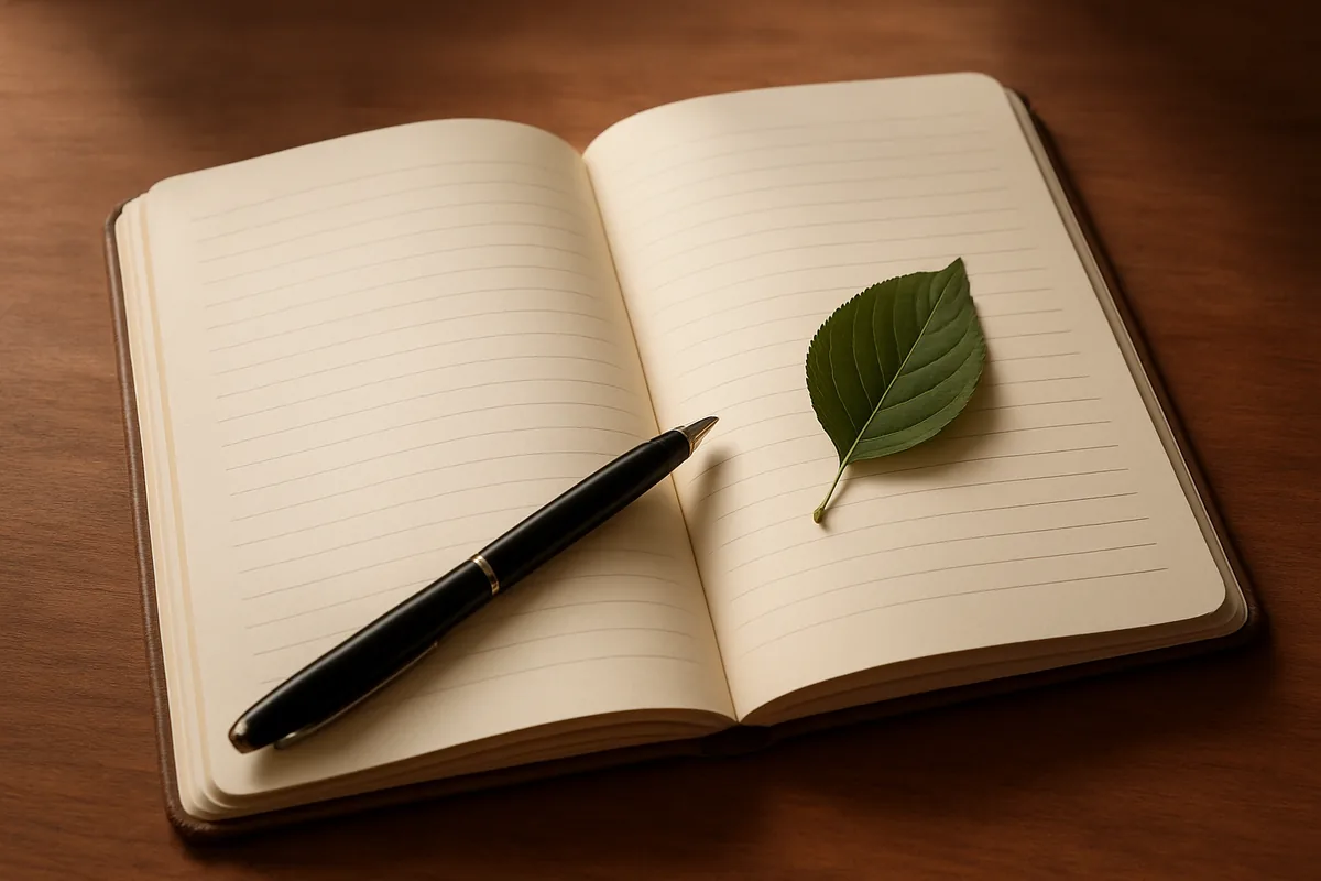 Page de journal vierge avec un stylo et une feuille verte